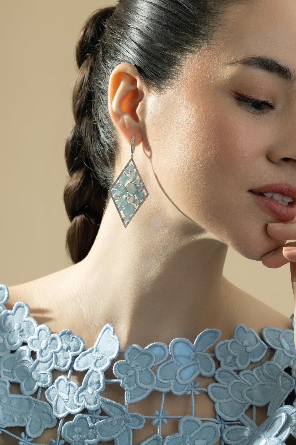 Aquamarine Diamond Inside Bubble Earrings-WHITE GOLD-JEWELRYFINE JEWELEARRING-CICADA
