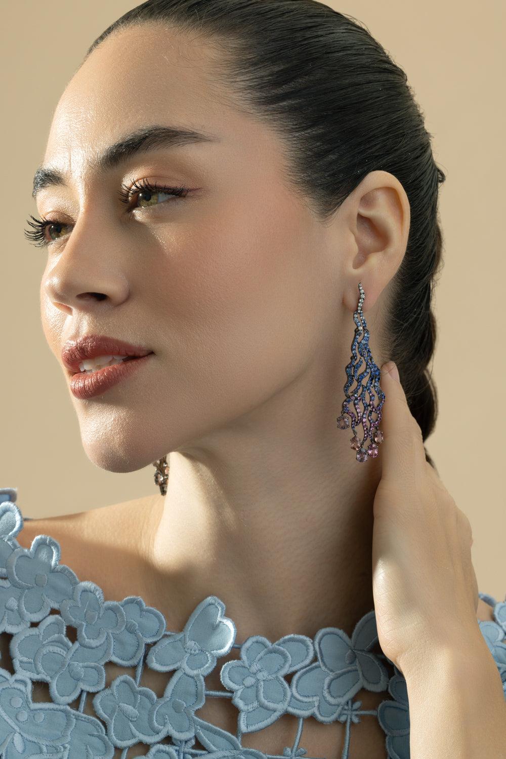 Mixed Sapphire Spinel Diamond Earrings-WHITE GOLD-JEWELRYFINE JEWELEARRING-CICADA