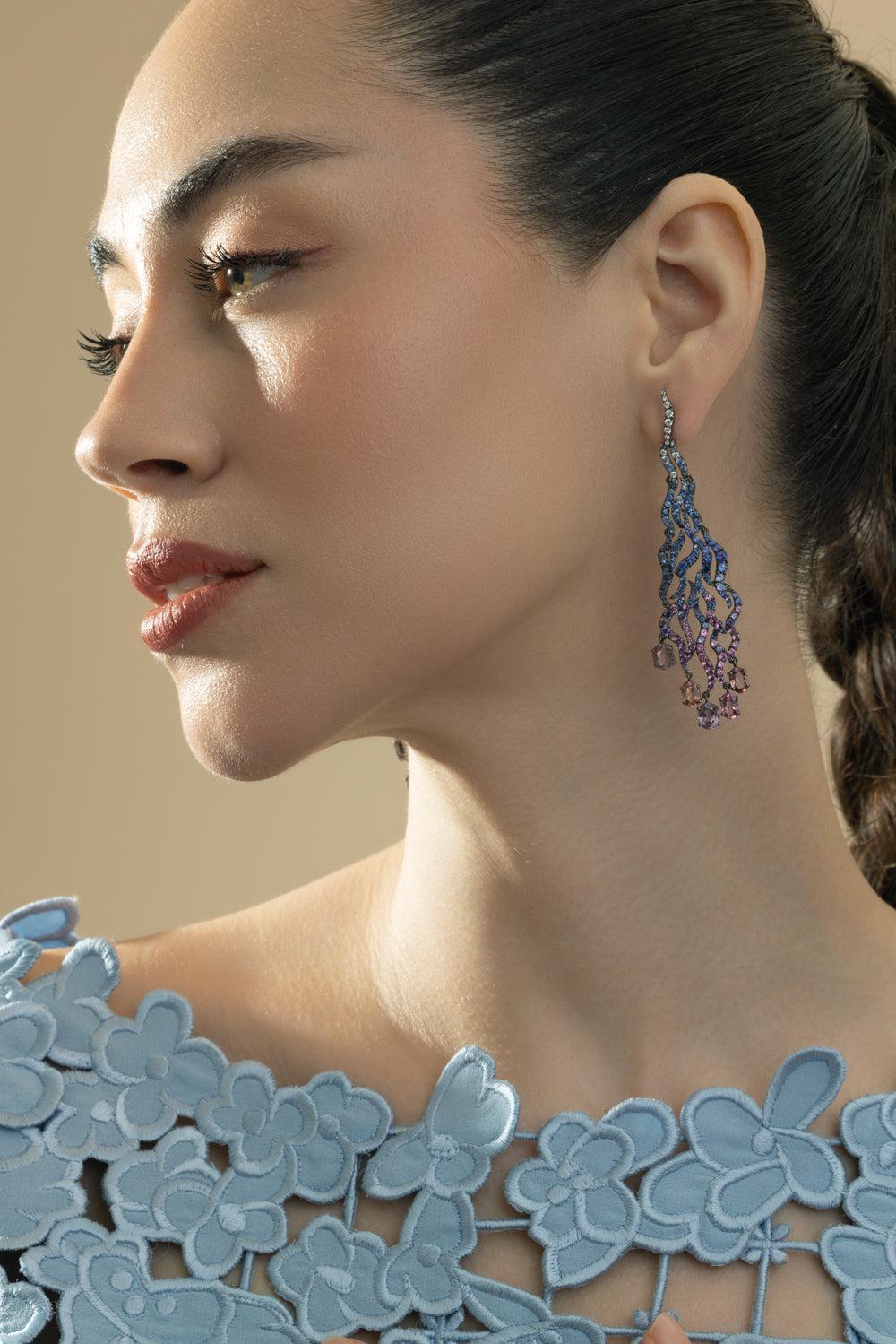 Mixed Sapphire Spinel Diamond Earrings-WHITE GOLD-JEWELRYFINE JEWELEARRING-CICADA