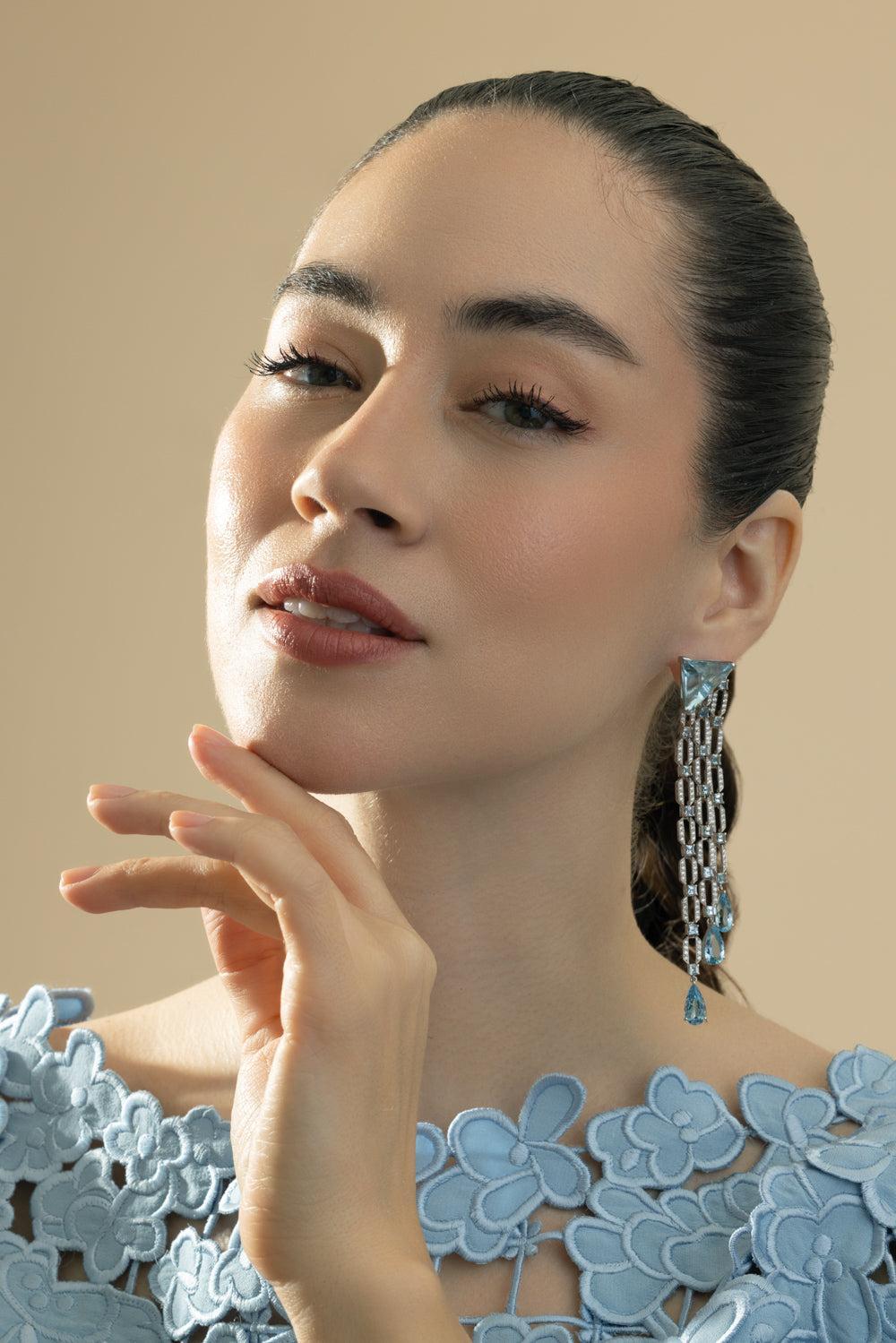 Aquamarine Diamond Chandlier Drop Earrings-PLATINUM-JEWELRYFINE JEWELEARRING-CICADA