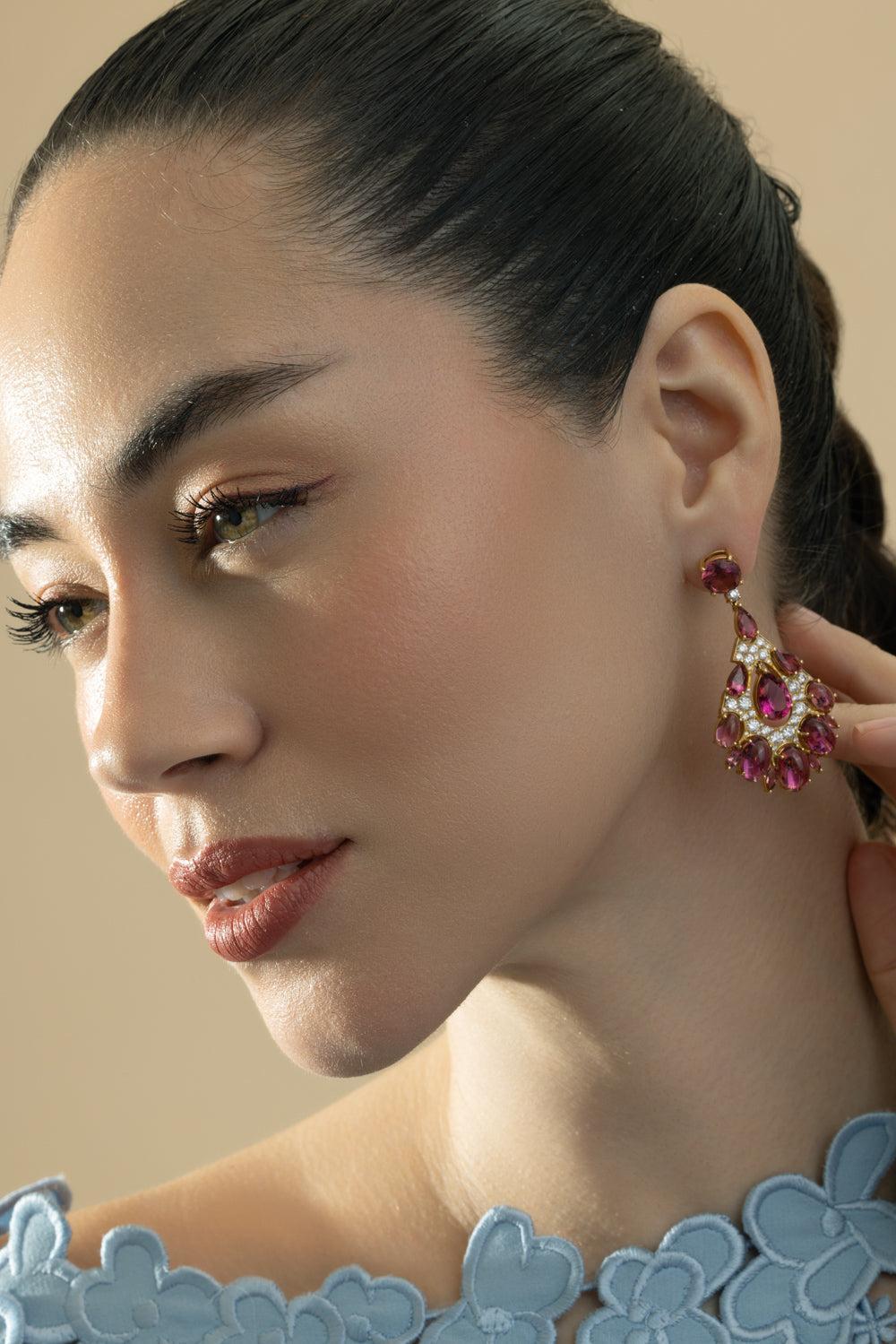 Pink Tourmaline Fan Drop Earrings-YELLOW GOLD-JEWELRYFINE JEWELEARRING-CICADA