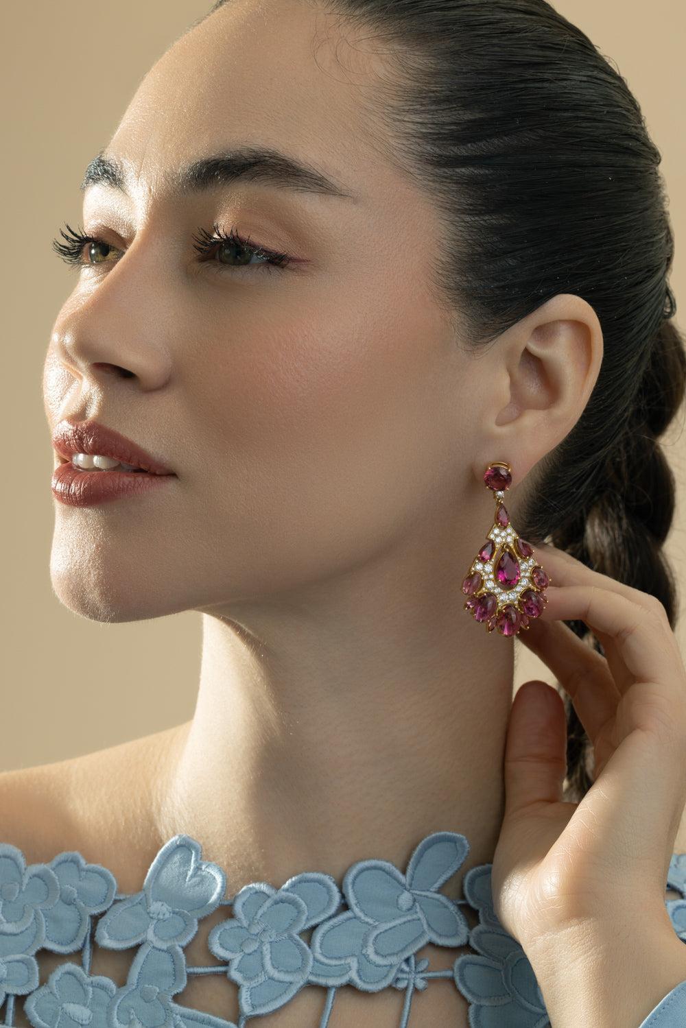 Pink Tourmaline Fan Drop Earrings-YELLOW GOLD-JEWELRYFINE JEWELEARRING-CICADA