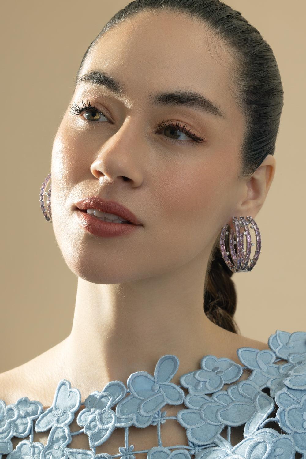 Pink Sapphire Triple Hoop Earrings-WHITE GOLD-JEWELRYFINE JEWELEARRING-CICADA