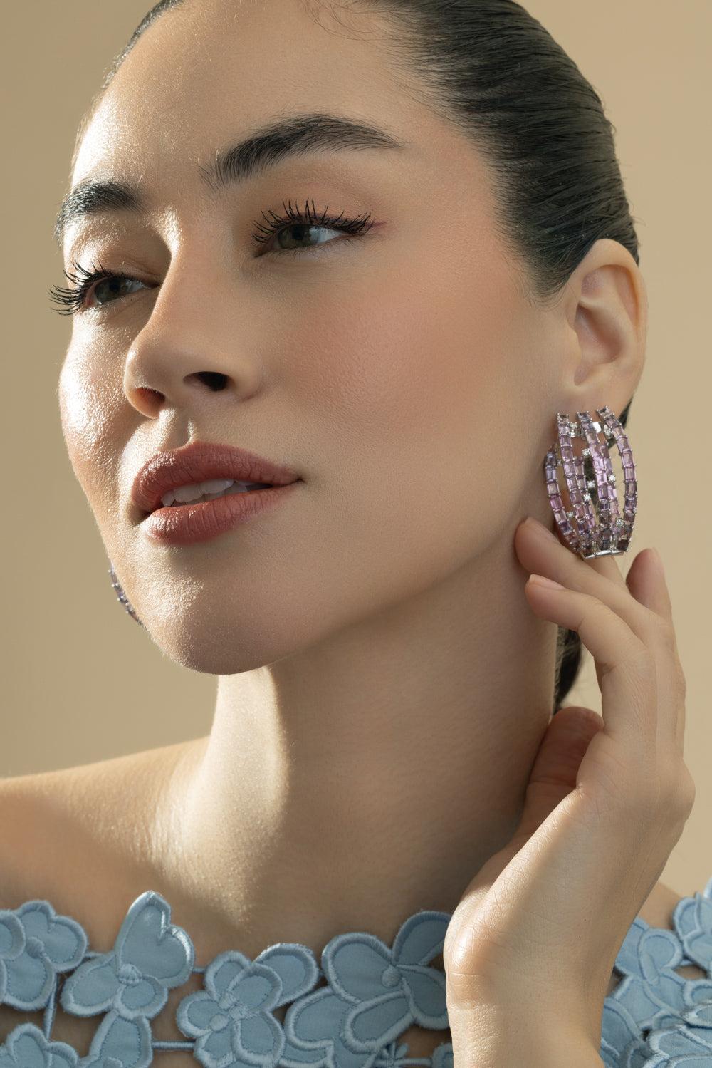 Pink Sapphire Triple Hoop Earrings-WHITE GOLD-JEWELRYFINE JEWELEARRING-CICADA