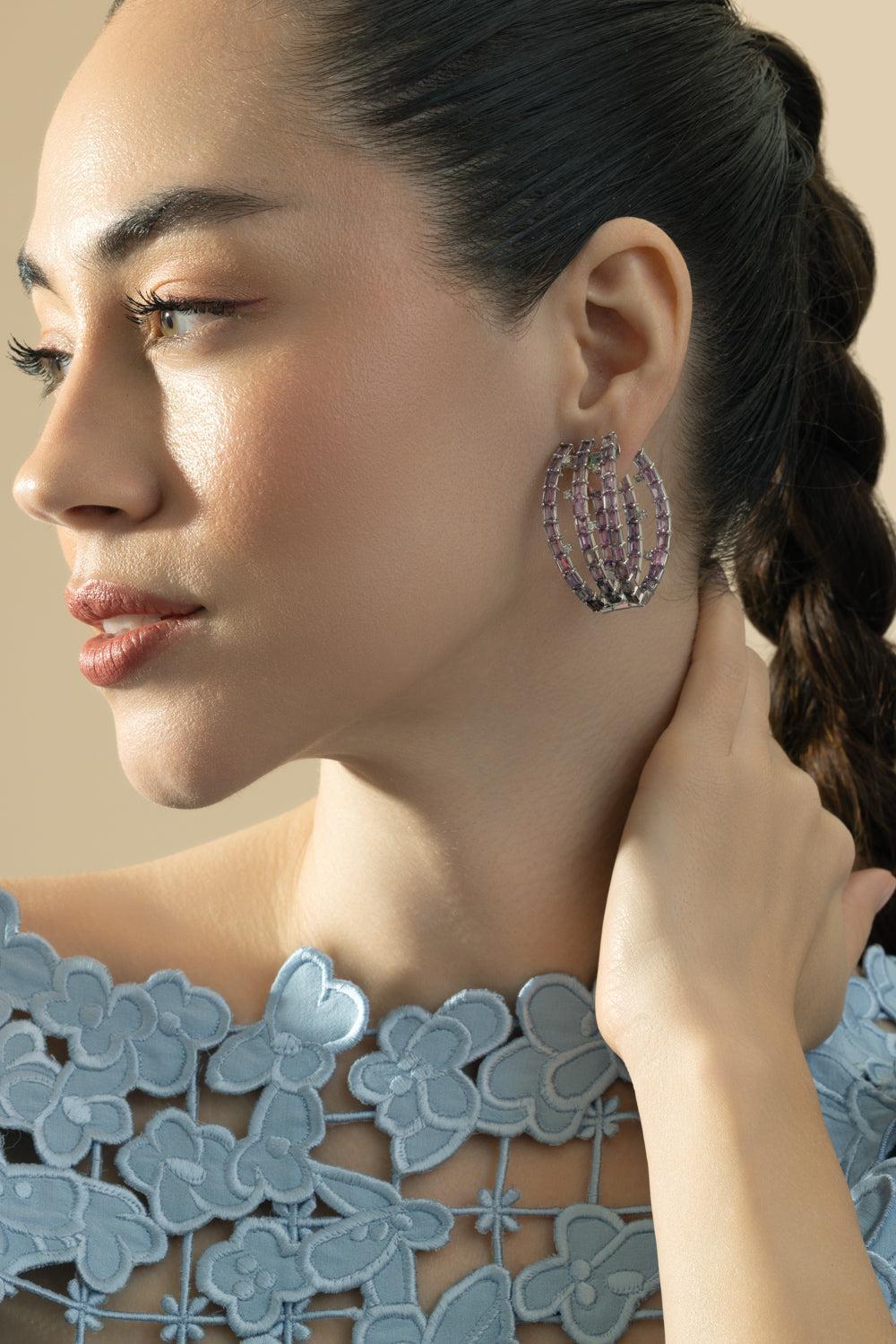 Pink Sapphire Triple Hoop Earrings-WHITE GOLD-JEWELRYFINE JEWELEARRING-CICADA