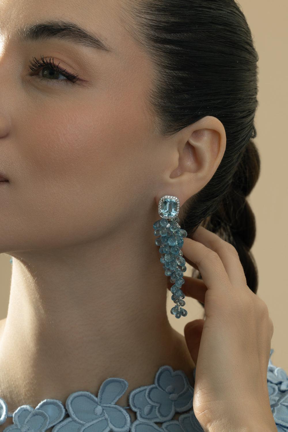 Aquamarine Diamond Bubble Drop Earrings-PLATINUM-JEWELRYFINE JEWELEARRING-CICADA