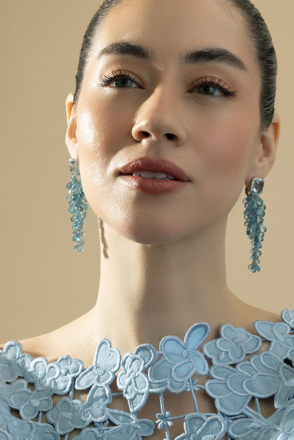 Aquamarine Diamond Bubble Drop Earrings-PLATINUM-JEWELRYFINE JEWELEARRING-CICADA