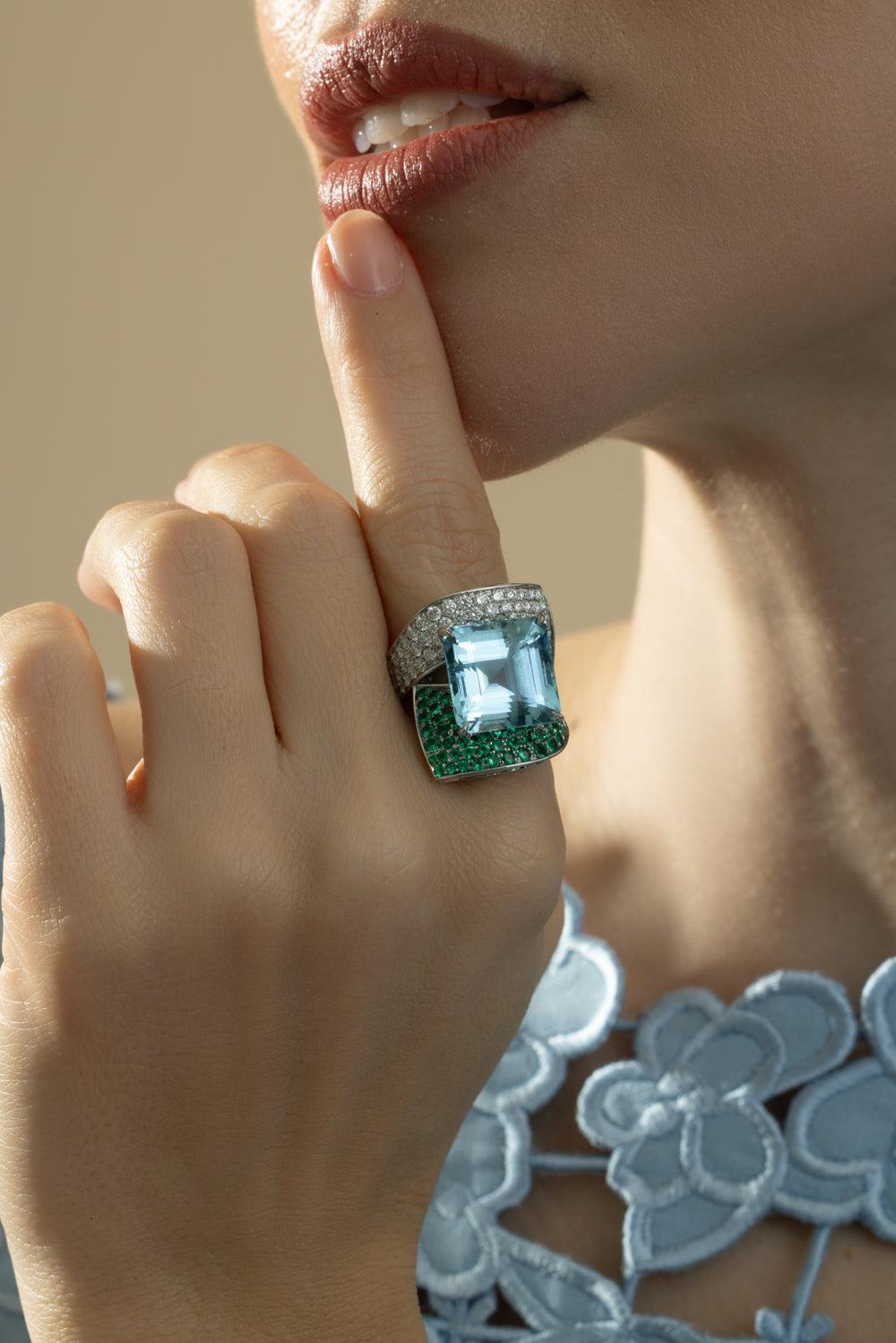 Aquamarine Diamond Emerald Ring-PLATINUM-5.5-JEWELRYFINE JEWELRING-CICADA