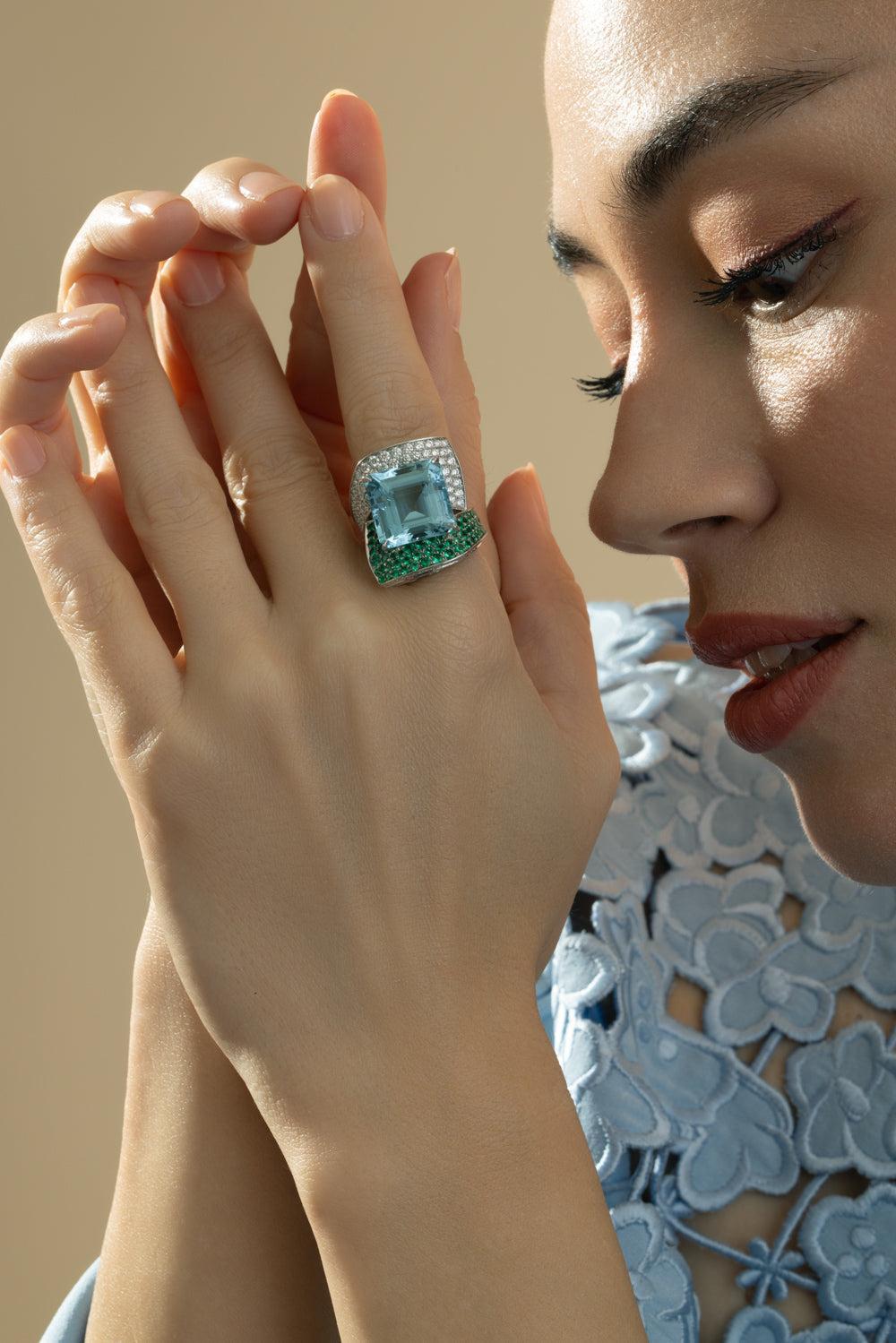 Aquamarine Diamond Emerald Ring-PLATINUM-5.5-JEWELRYFINE JEWELRING-CICADA