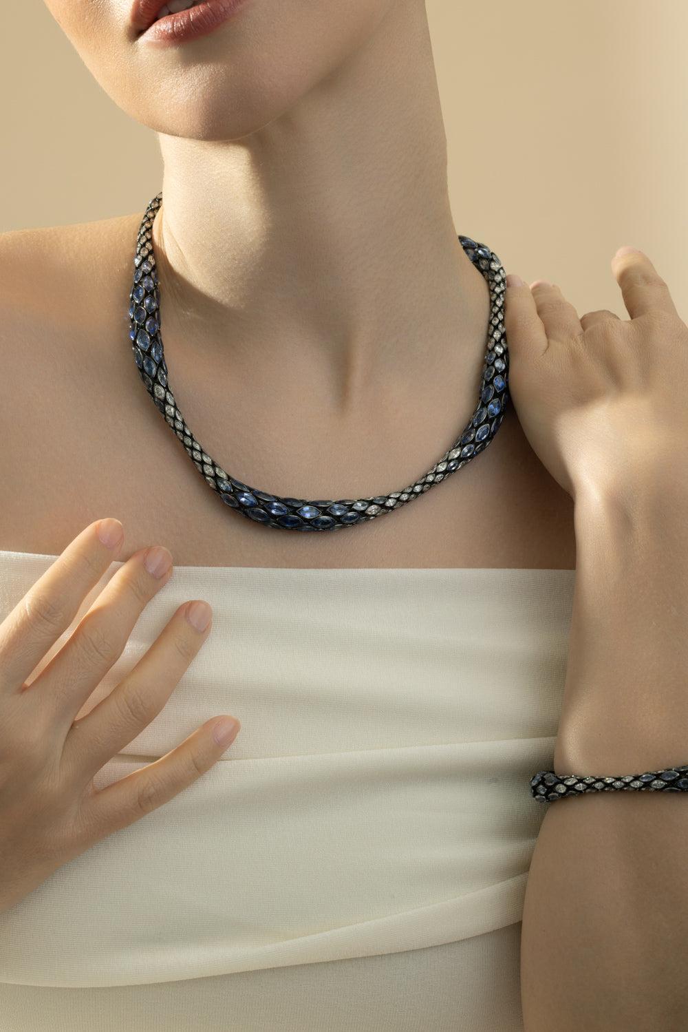 Sapphire Diamond Necklace-WHITE GOLD-18-JEWELRYFINE JEWELNECKLACE O-CICADA