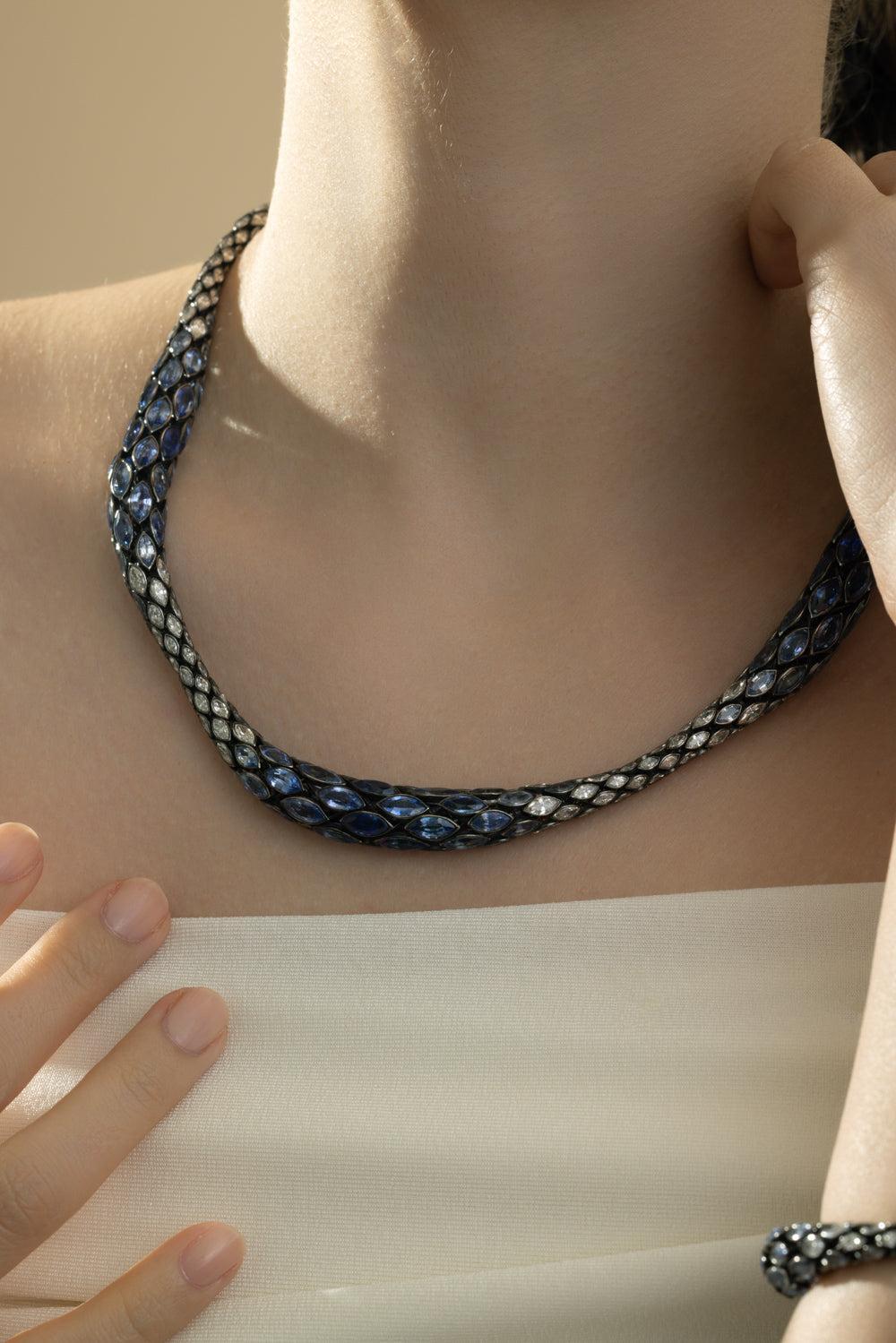 Sapphire Diamond Necklace-WHITE GOLD-18-JEWELRYFINE JEWELNECKLACE O-CICADA