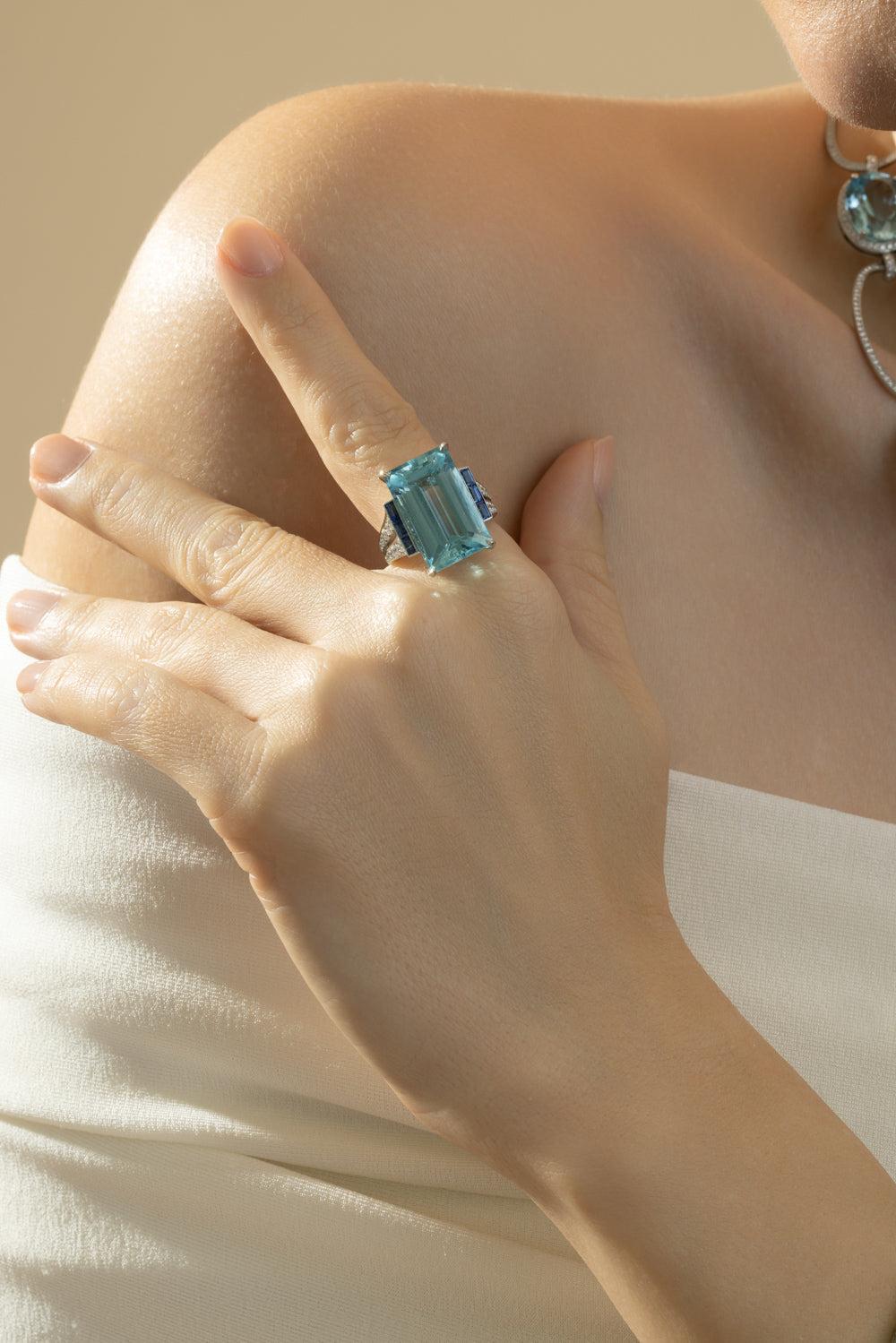 Aquamarine Blue Sapphire Diamond Ring-PLATINUM-6.5-JEWELRYFINE JEWELRING-CICADA