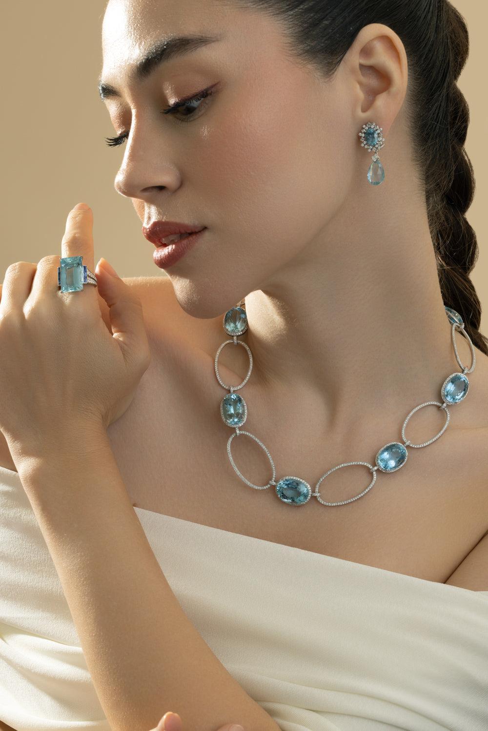 Aquamarine Diamond Oval Link Necklace-PLATINUM-18-JEWELRYFINE JEWELNECKLACE O-CICADA