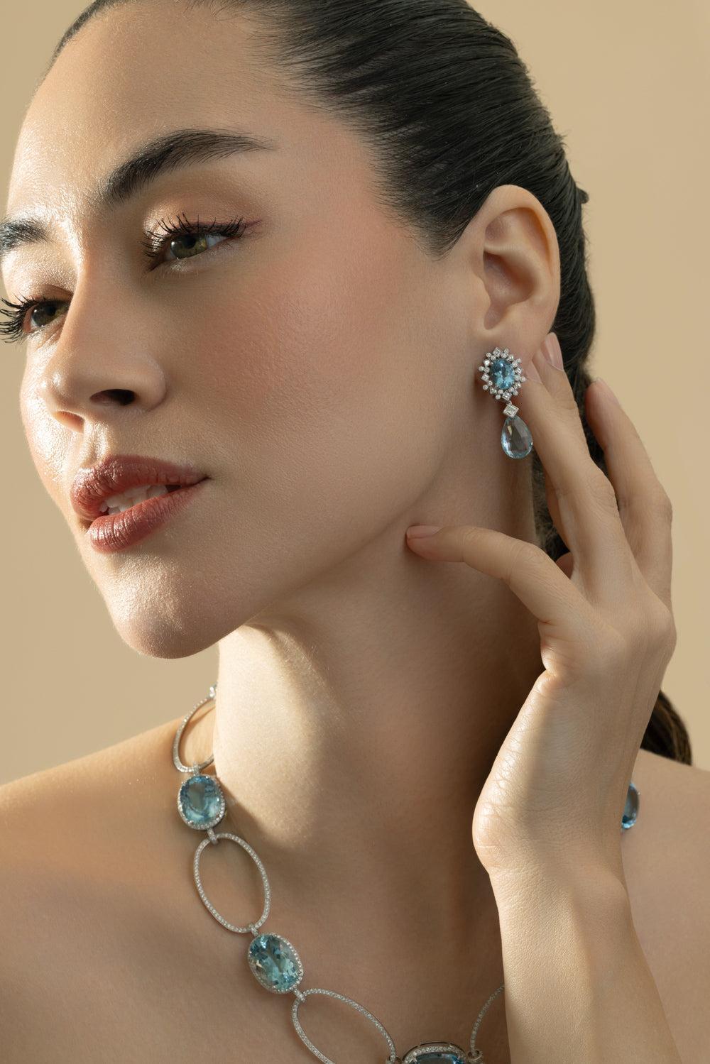 Aquamarine Diamond Frost Drop Earrings-PLATINUM-JEWELRYFINE JEWELEARRING-CICADA