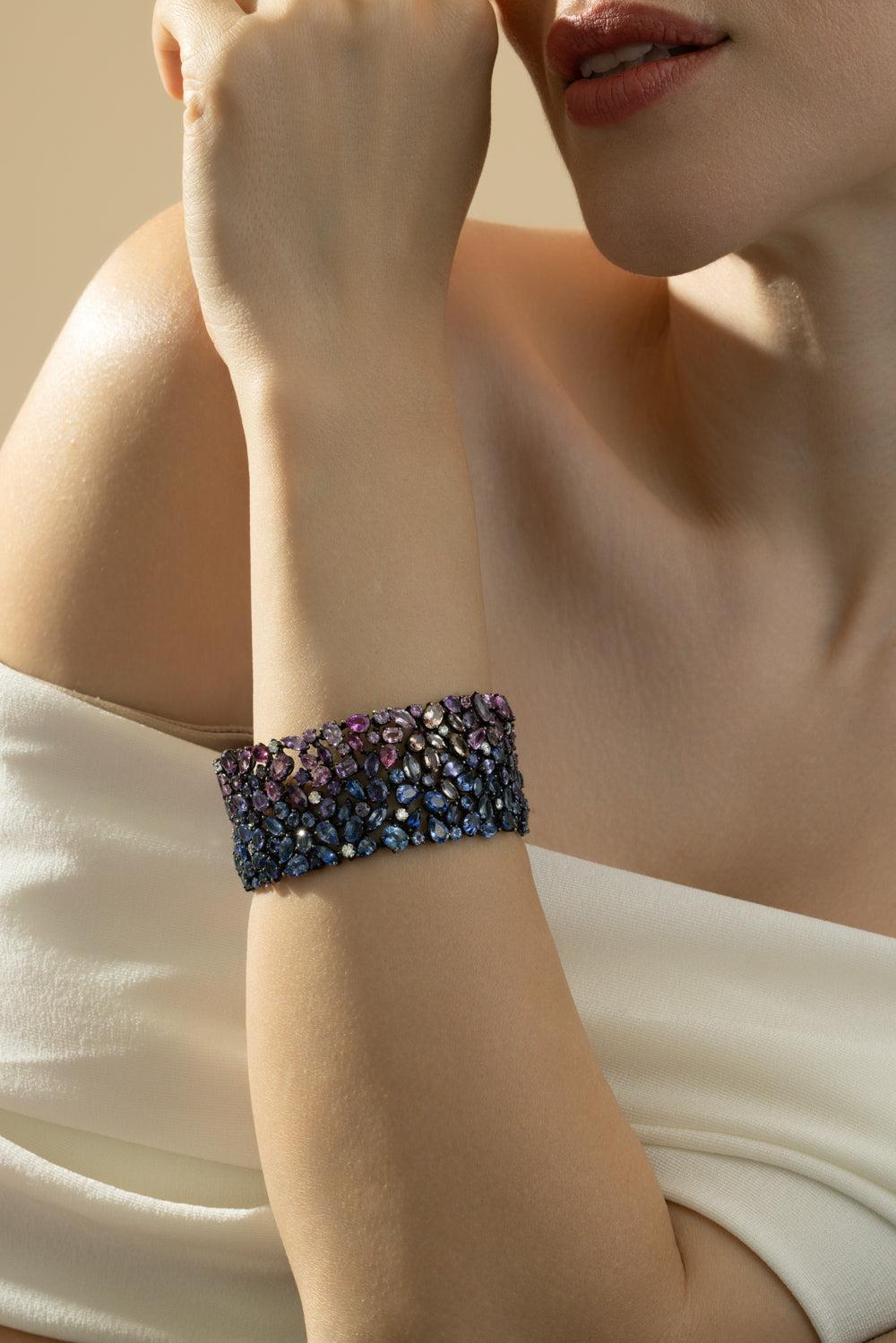 Multi Sapphire Diamond Bracelet-WHITE GOLD-7-JEWELRYFINE JEWELBRACELET O-CICADA