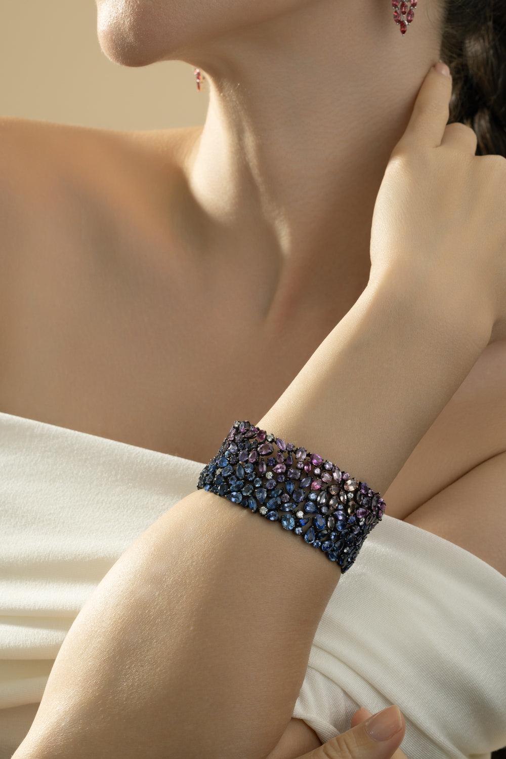 Multi Sapphire Diamond Bracelet-WHITE GOLD-7-JEWELRYFINE JEWELBRACELET O-CICADA