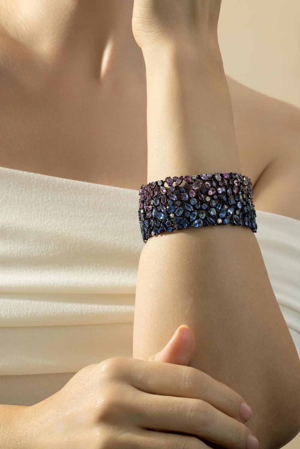 Multi Sapphire Diamond Bracelet-WHITE GOLD-7-JEWELRYFINE JEWELBRACELET O-CICADA