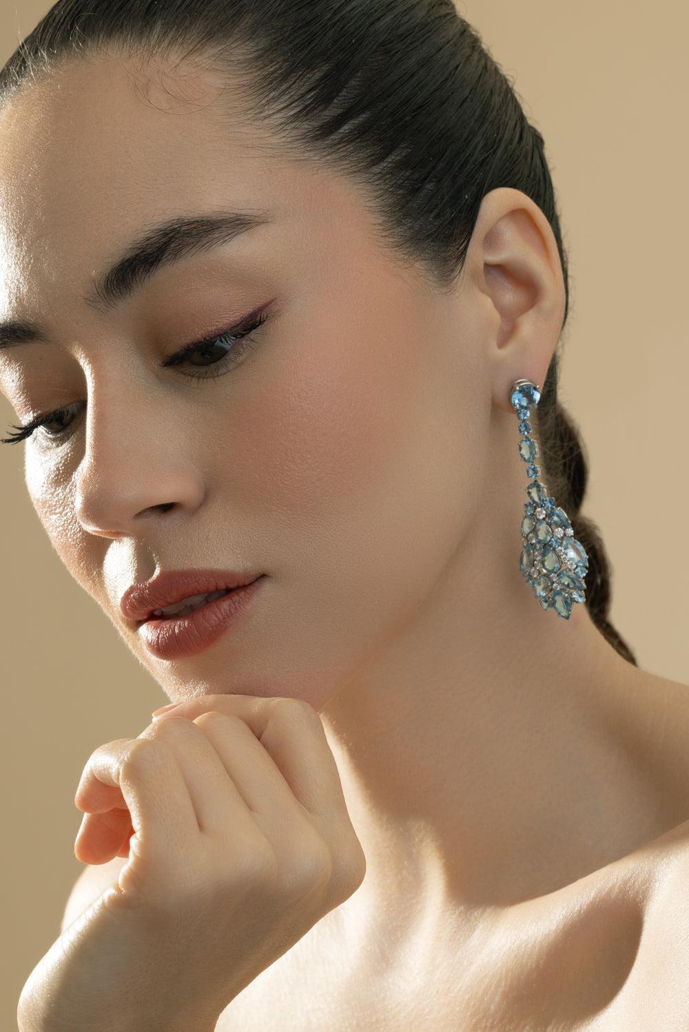 Aquamarine Diamond Shield Drop Earrings-PLATINUM-JEWELRYFINE JEWELEARRING-CICADA