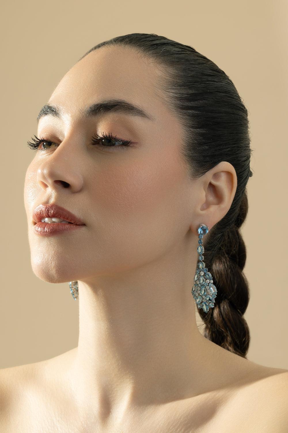 Aquamarine Diamond Shield Drop Earrings-PLATINUM-JEWELRYFINE JEWELEARRING-CICADA