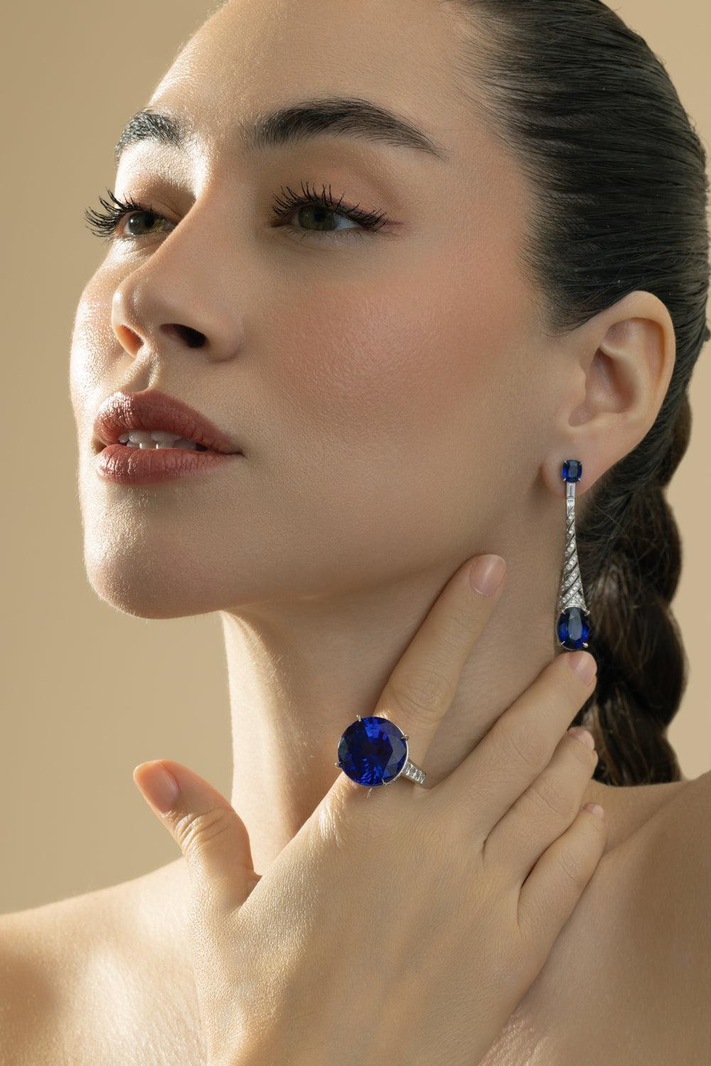 Sapphire Diamond Ball Drop Earrings-PLATINUM-JEWELRYFINE JEWELEARRING-CICADA