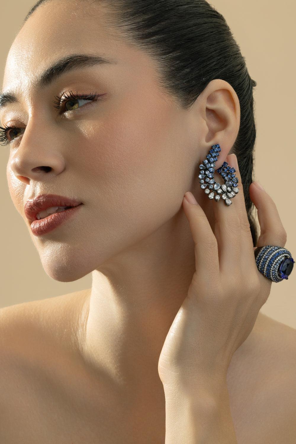 Sapphire Diamond Cluster Earrings-WHITE GOLD-JEWELRYFINE JEWELEARRING-CICADA
