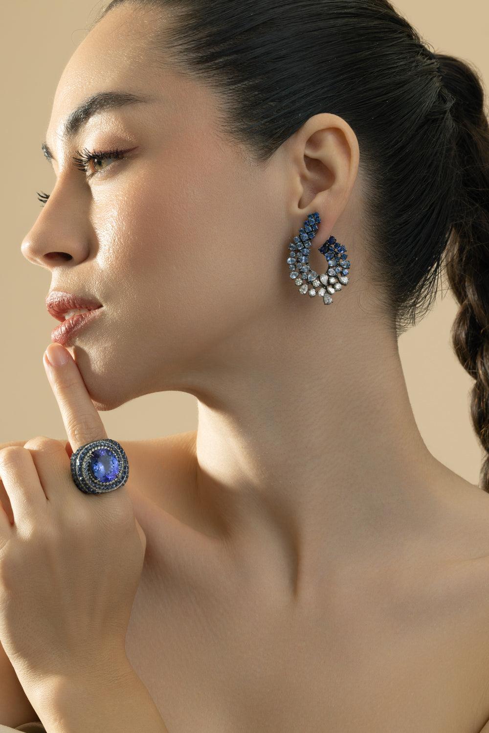 Sapphire Diamond Cluster Earrings-WHITE GOLD-JEWELRYFINE JEWELEARRING-CICADA