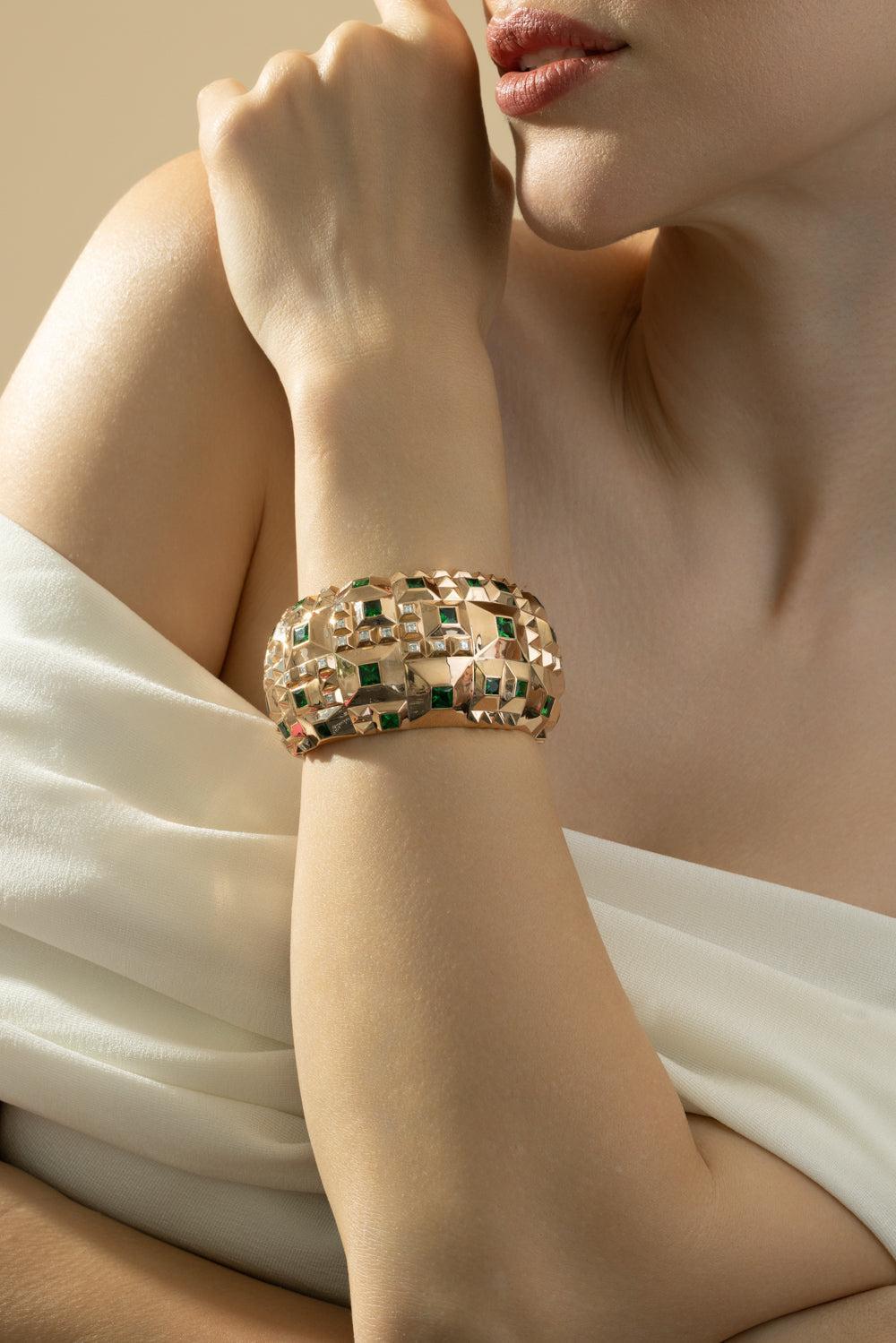 Diamond Tsavorite Cuff Bracelet-ROSE GOLD-JEWELRYFINE JEWELBRACELET O-CICADA