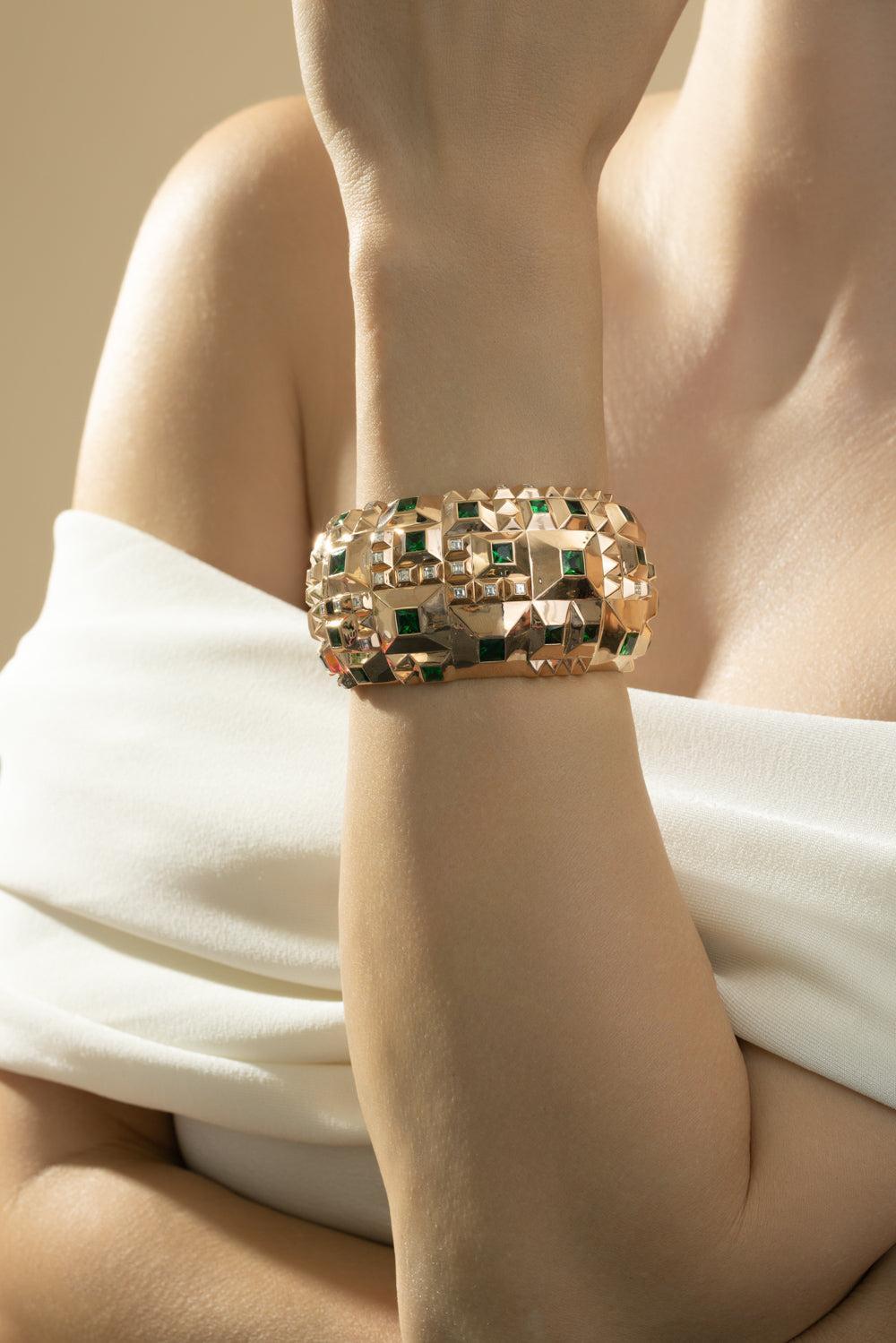 Diamond Tsavorite Cuff Bracelet-ROSE GOLD-JEWELRYFINE JEWELBRACELET O-CICADA