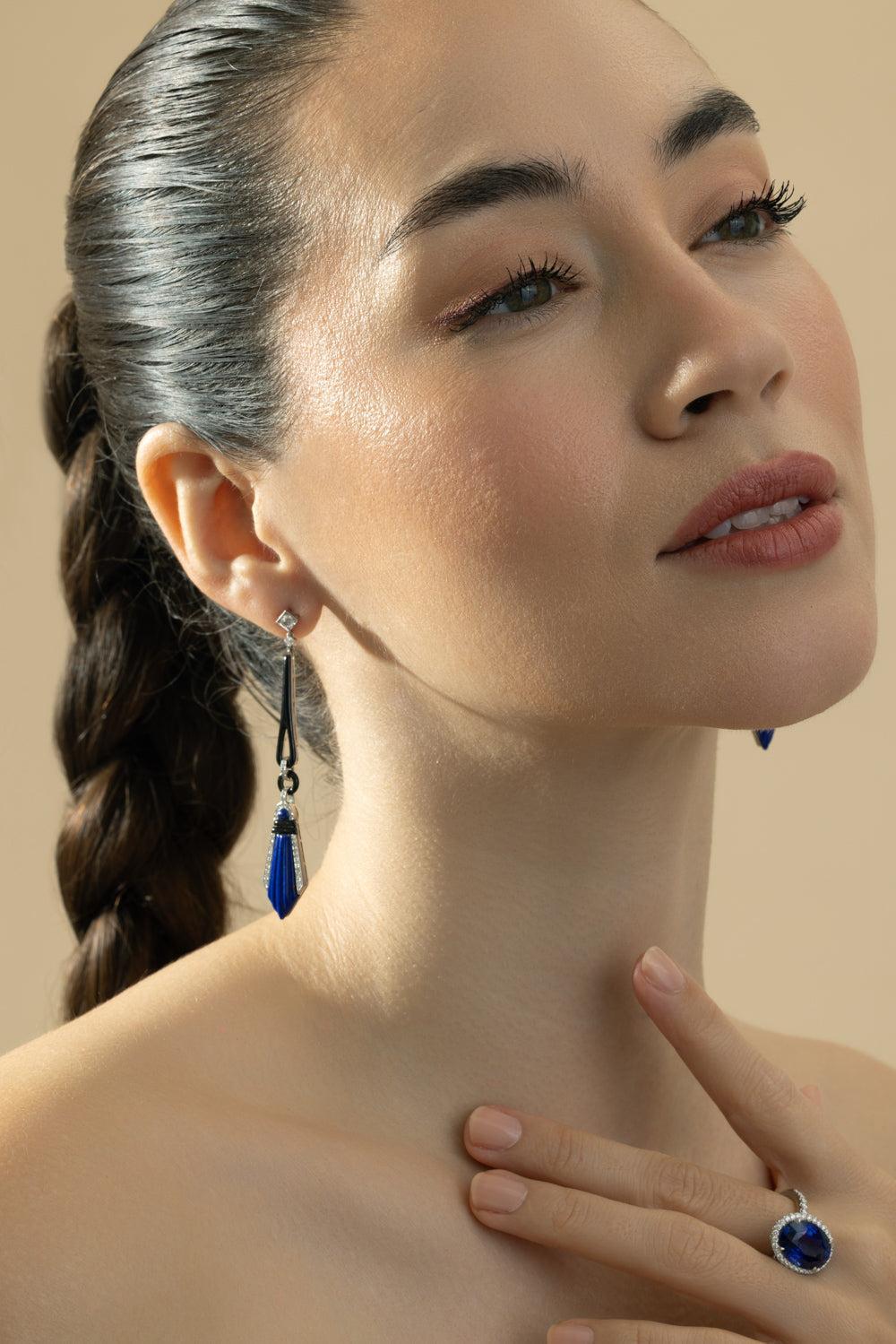 Lapis Diamond Drop Earrings-PLATINUM-JEWELRYFINE JEWELEARRING-CICADA