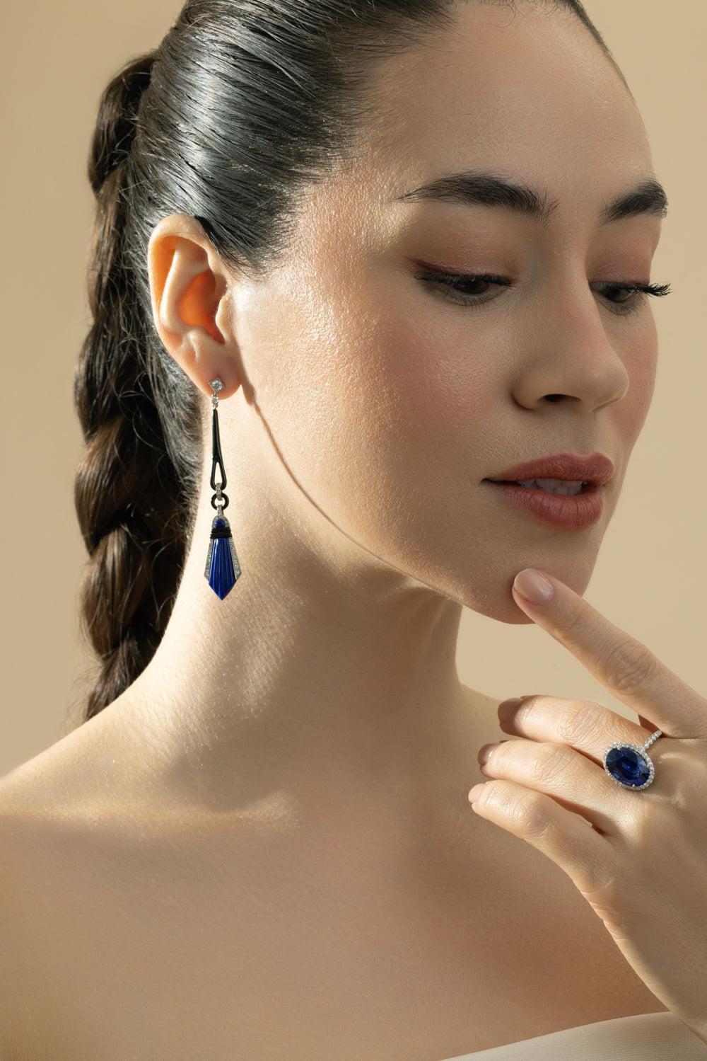 Lapis Diamond Drop Earrings-PLATINUM-JEWELRYFINE JEWELEARRING-CICADA