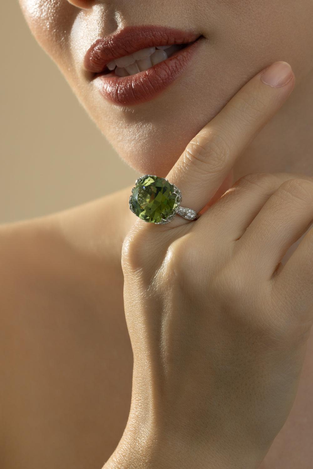 Green Tourmaline Diamond Ring-PLATINUM-5.5-JEWELRYFINE JEWELRING-CICADA