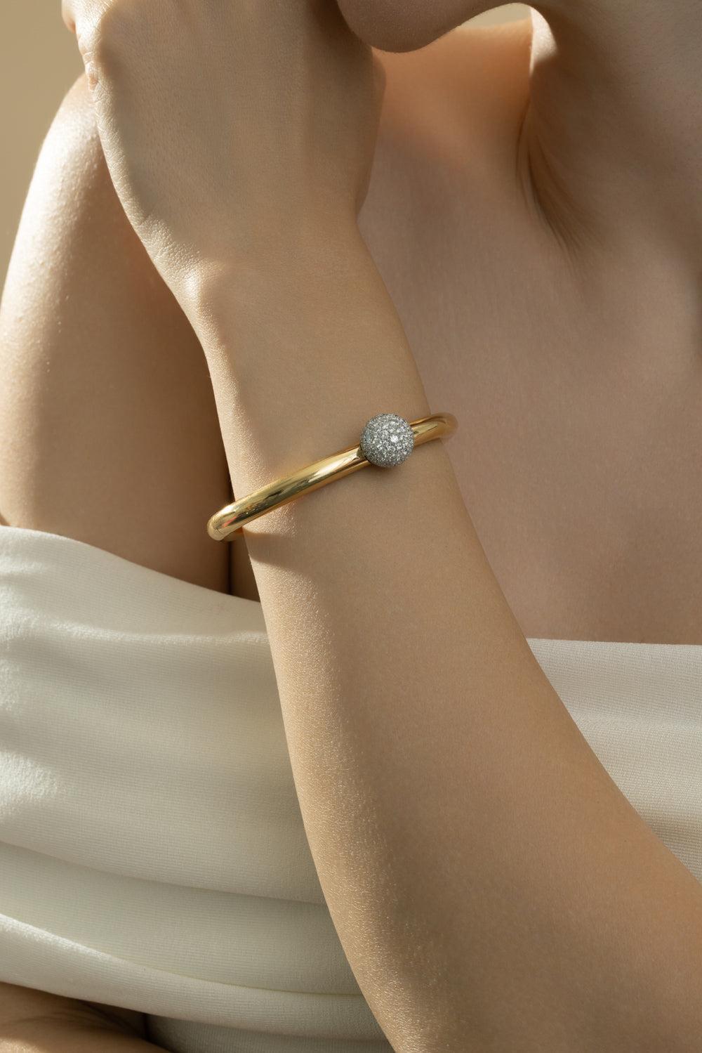 Diamond Ball Gold Bangle Bracelet-YELLOW GOLD-JEWELRYFINE JEWELBRACELET O-CICADA