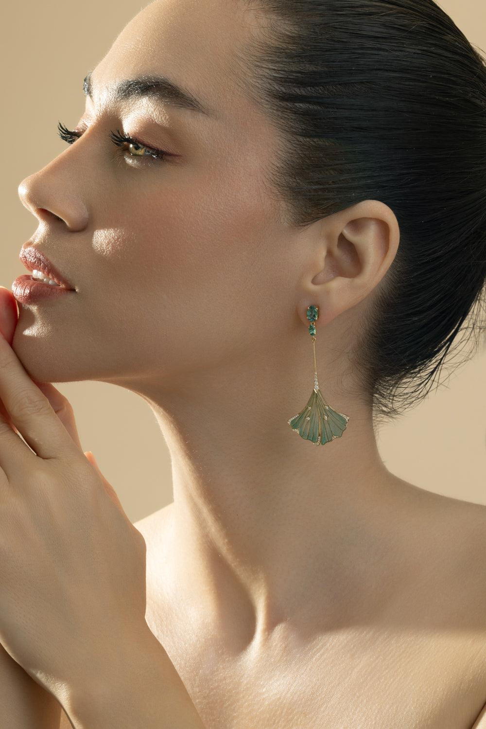 Tourmaline Gingko Leaf Earrings-YELLOW GOLD-JEWELRYFINE JEWELEARRING-CICADA