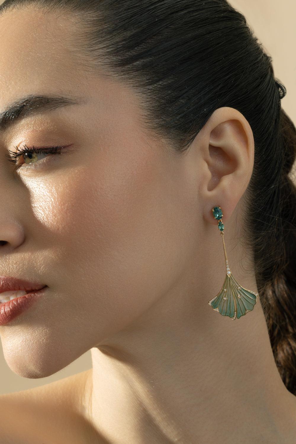Tourmaline Gingko Leaf Earrings-YELLOW GOLD-JEWELRYFINE JEWELEARRING-CICADA
