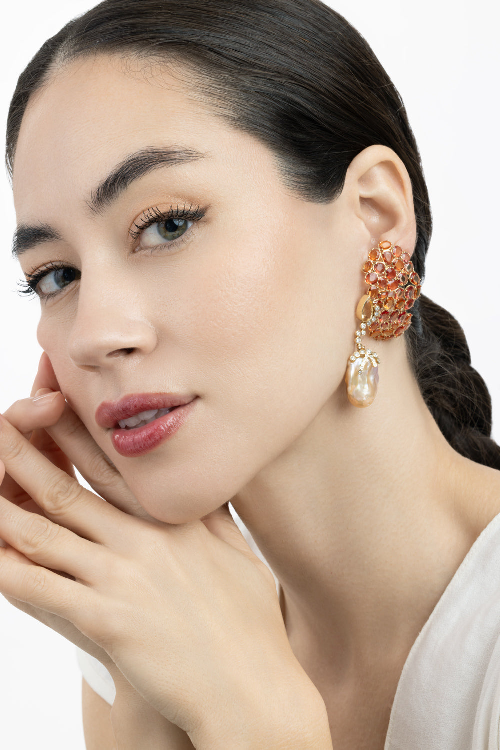 Orange Sapphire Topaz Pearl Harvest Earrings