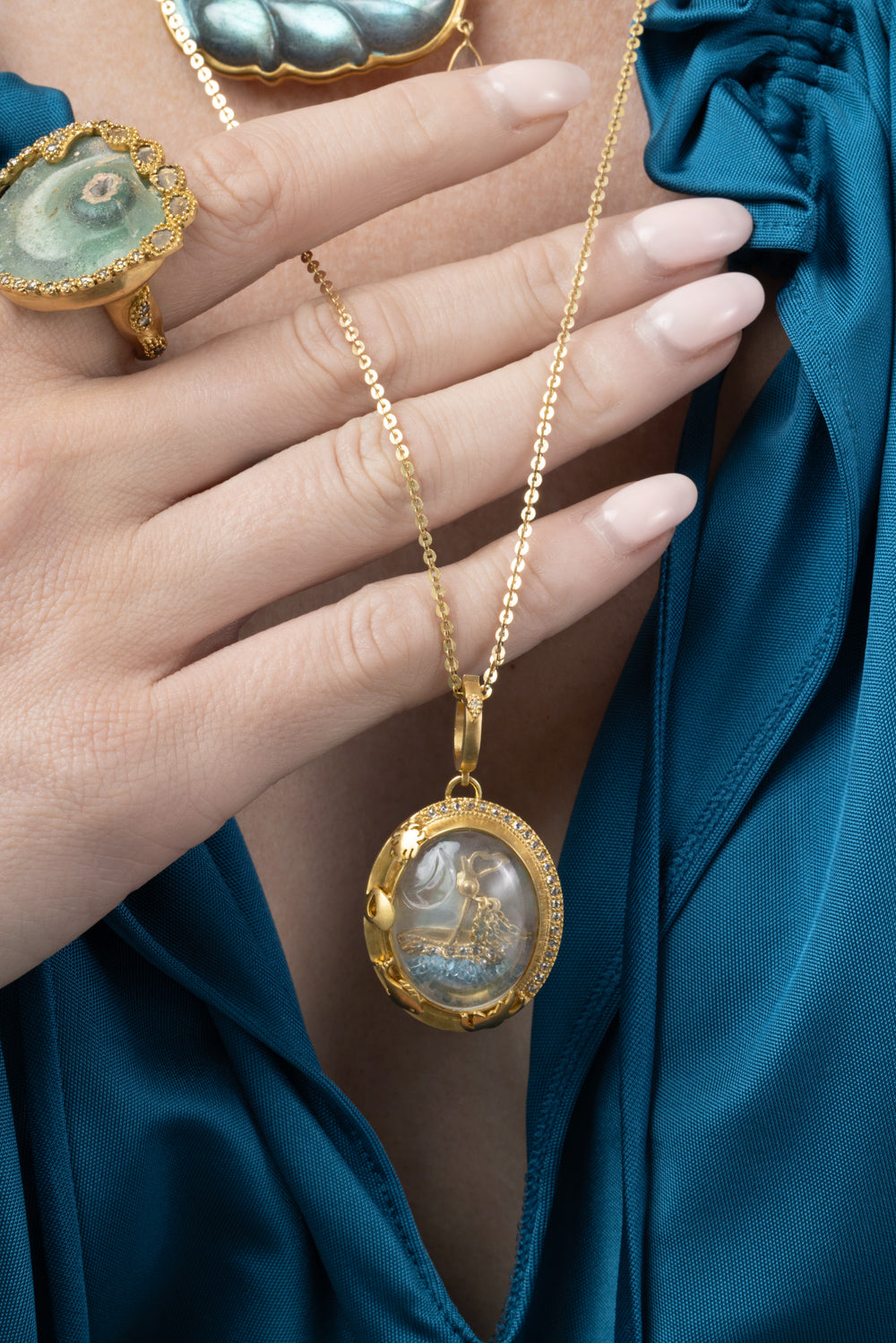 Diamond Aquamarine Antiquity Boat Pendant