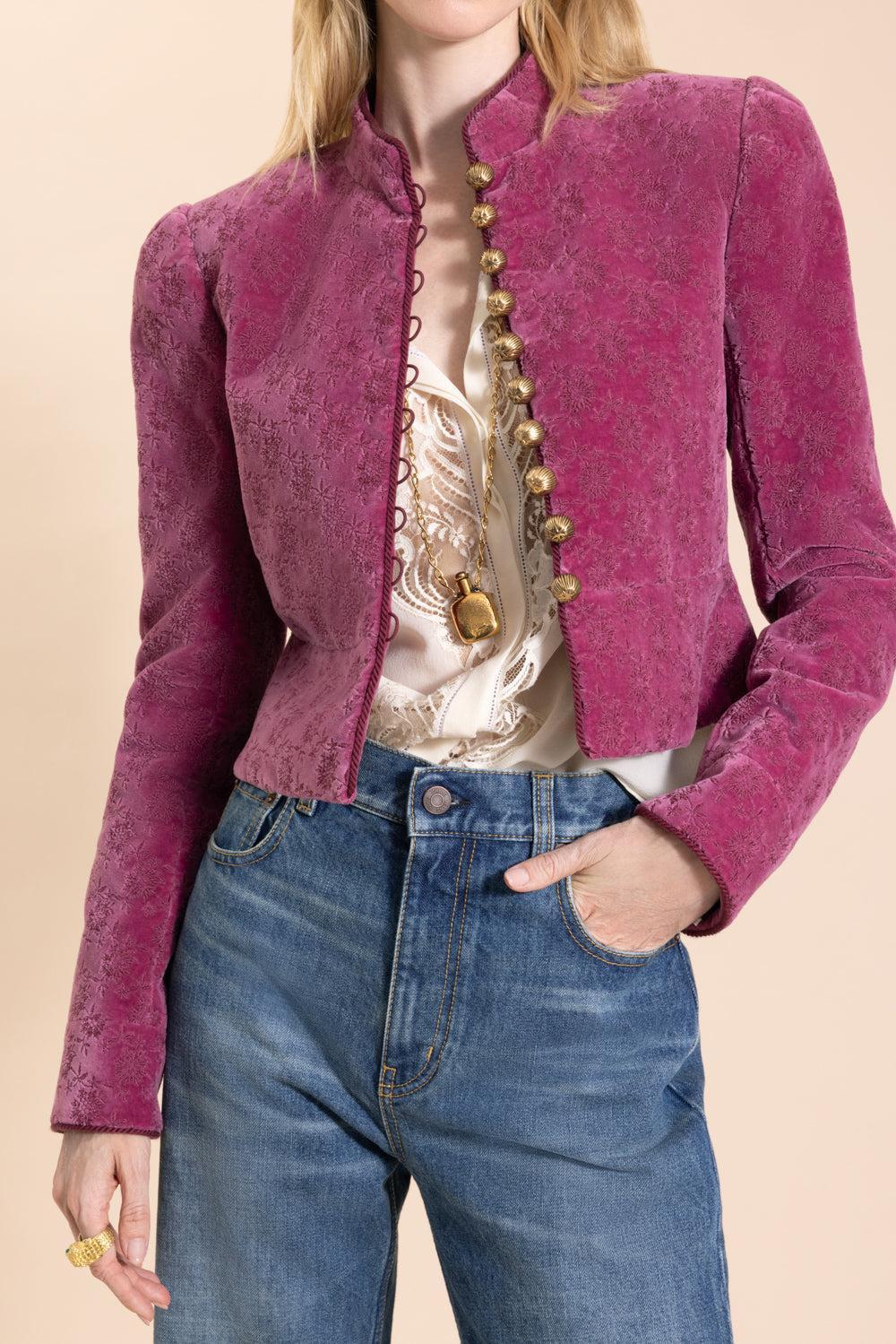 Velvet Button Front Crop Top-BRNTLILC-34-CLOTHINGJACKETCASUAL-CHLOÉ