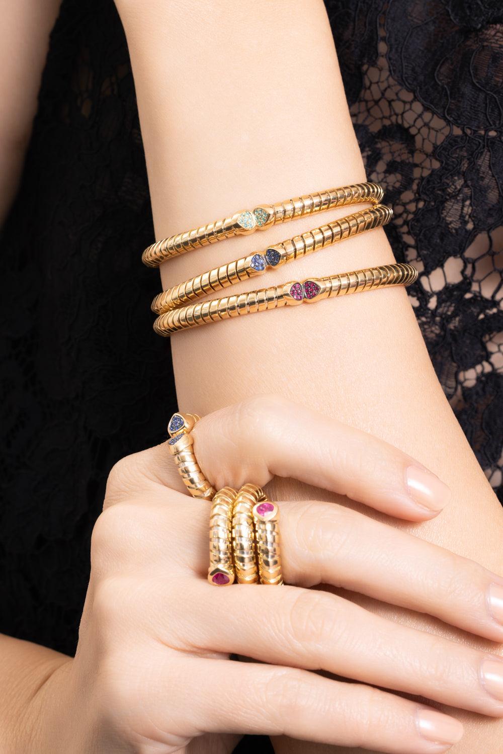 Blue Sapphire Trisolina Bangle Bracelet-YELLOW GOLD-MEDIUM-JEWELRYFINE JEWELBRACELET O-MARINA B