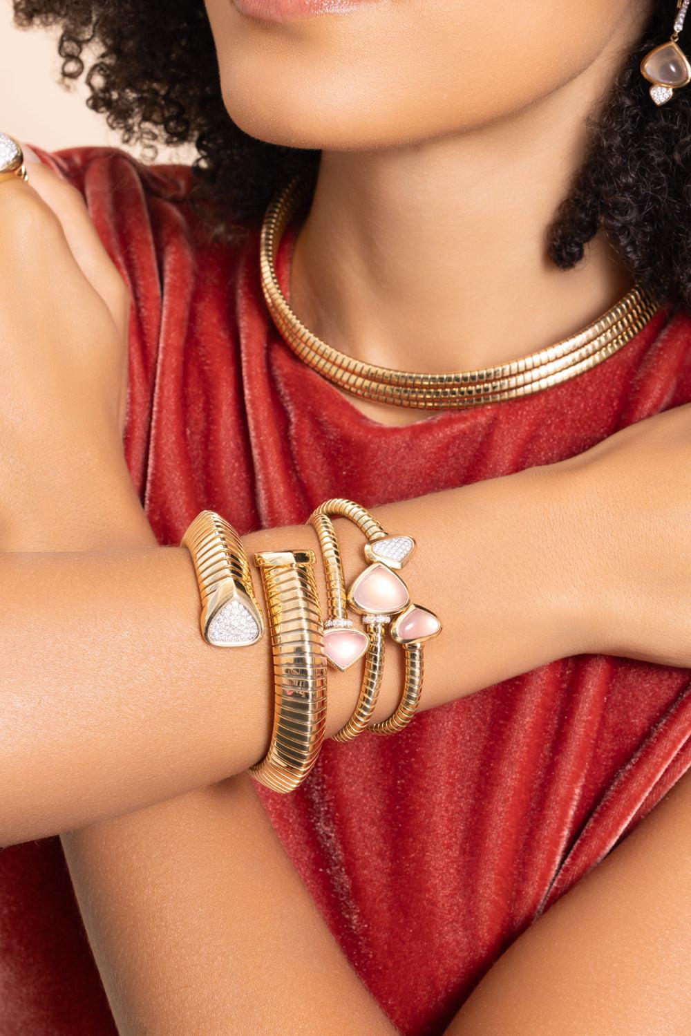 Rose Quartz Trisolina Bypass Bracelet-YELLOW GOLD-SMALL-JEWELRYFINE JEWELBRACELET O-MARINA B
