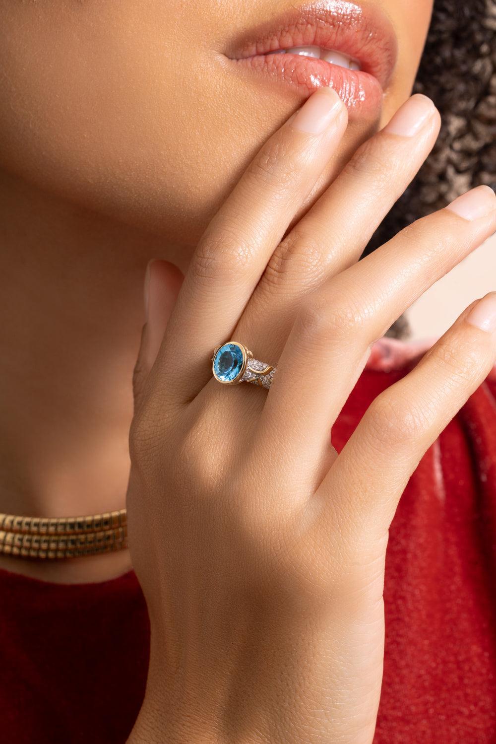 Swiss Blue Topaz Diamond Ondine Ring-YELLOW GOLD-6.5-JEWELRYFINE JEWELRING-MARINA B