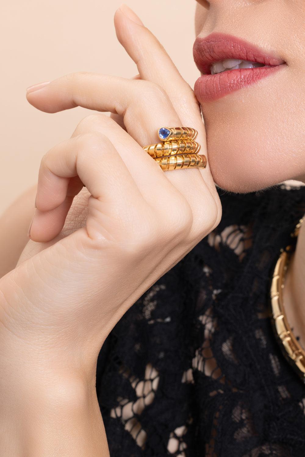 Blue Sapphire Trisola Spiral Ring-YELLOW GOLD-7-JEWELRYFINE JEWELRING-MARINA B