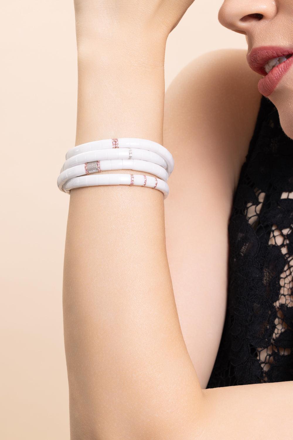 Three Pink Sapphire Bar White Stretch Bracelet-ROSE GOLD-JEWELRYFINE JEWELBRACELET O-ROBERTO DEMEGLIO