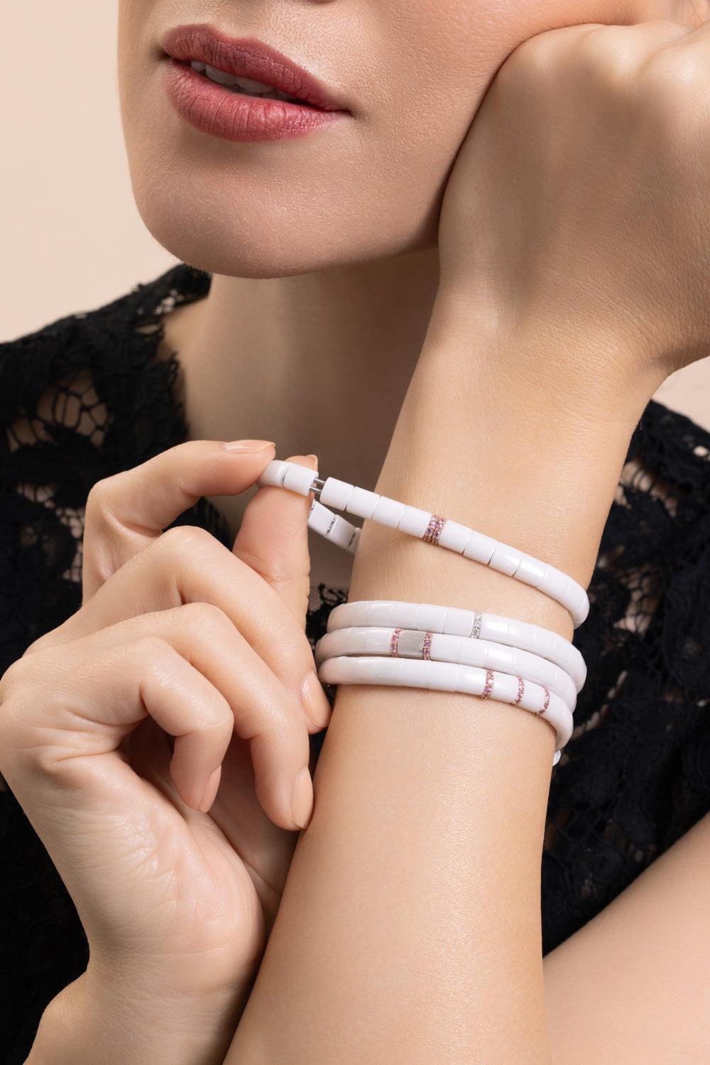 Pink Sapphire Two Bar White Stretch Bracelet-ROSE GOLD-JEWELRYFINE JEWELBRACELET O-ROBERTO DEMEGLIO