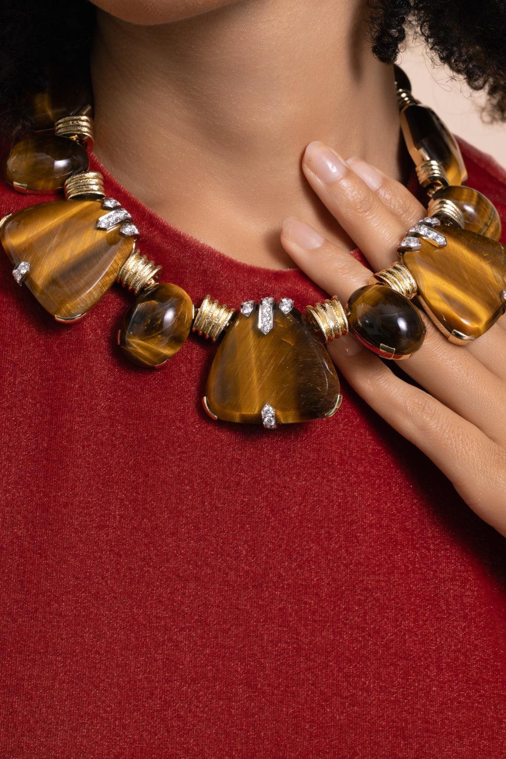 Diamond Tiger Eye Textured Carved Necklace-YELLOW GOLD-JEWELRYFINE JEWELNECKLACE O-DAVID WEBB