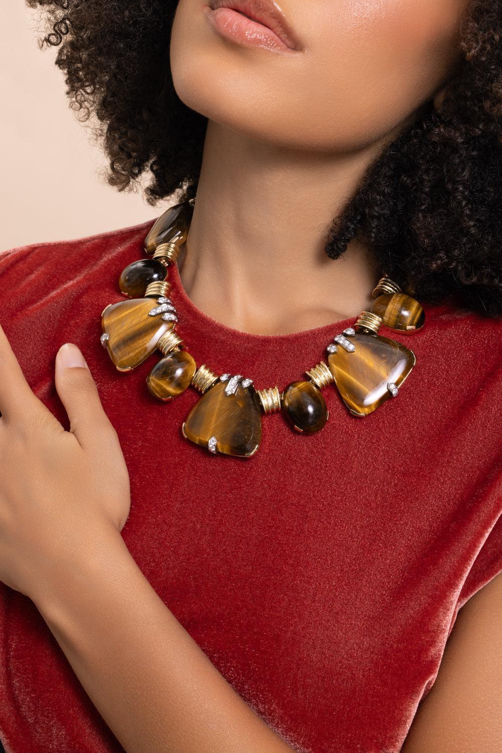 Diamond Tiger Eye Textured Carved Necklace-YELLOW GOLD-JEWELRYFINE JEWELNECKLACE O-DAVID WEBB