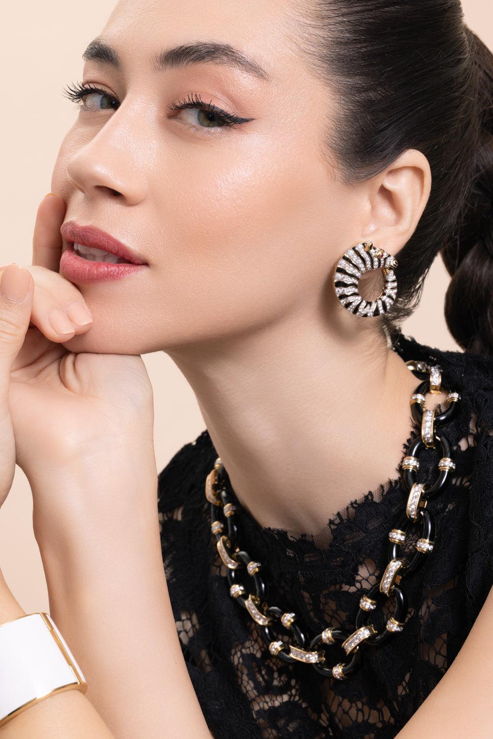 Diamond Black White Zebra Earrings-YELLOW GOLD-JEWELRYFINE JEWELEARRING-DAVID WEBB