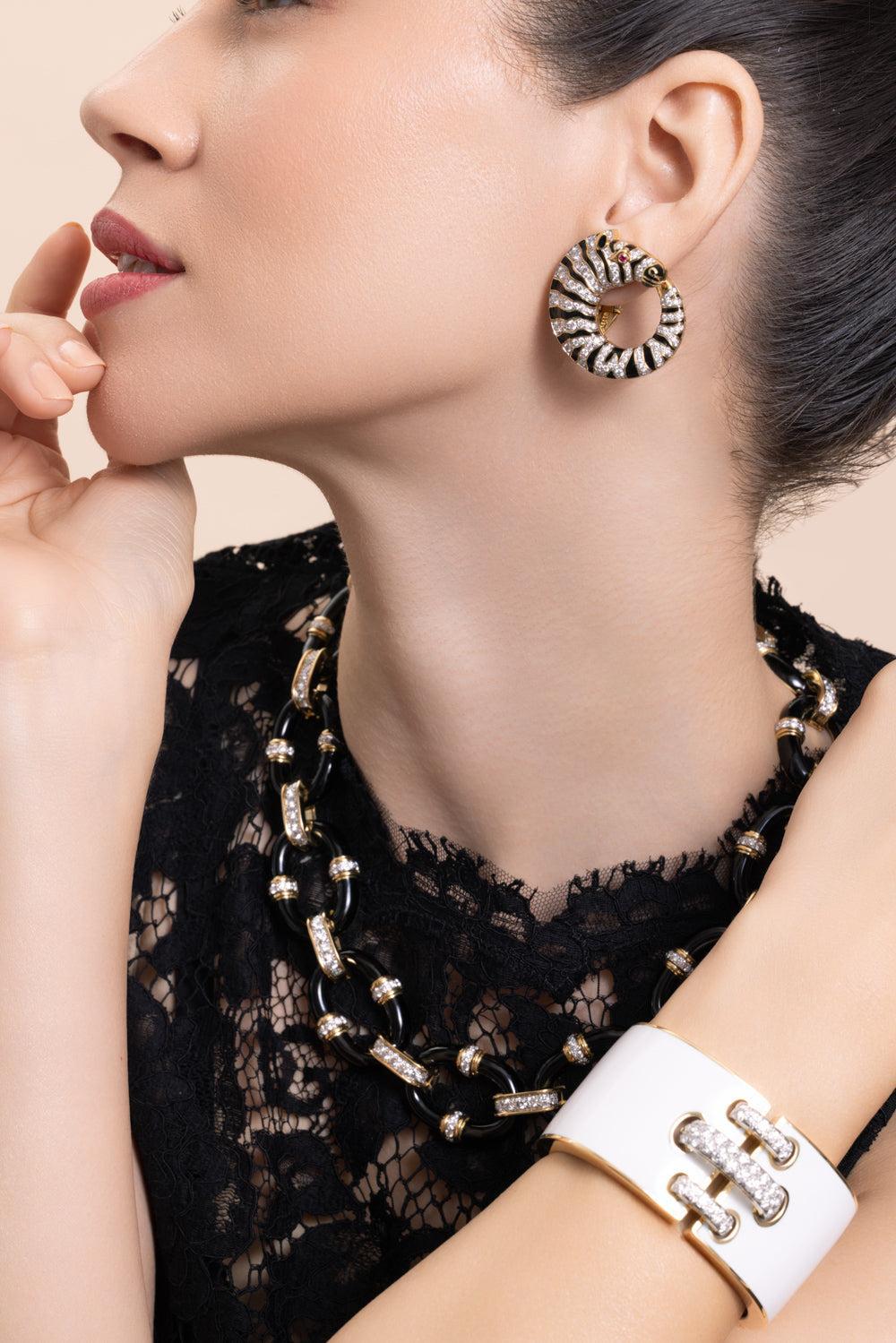 Diamond Black White Zebra Earrings-YELLOW GOLD-JEWELRYFINE JEWELEARRING-DAVID WEBB