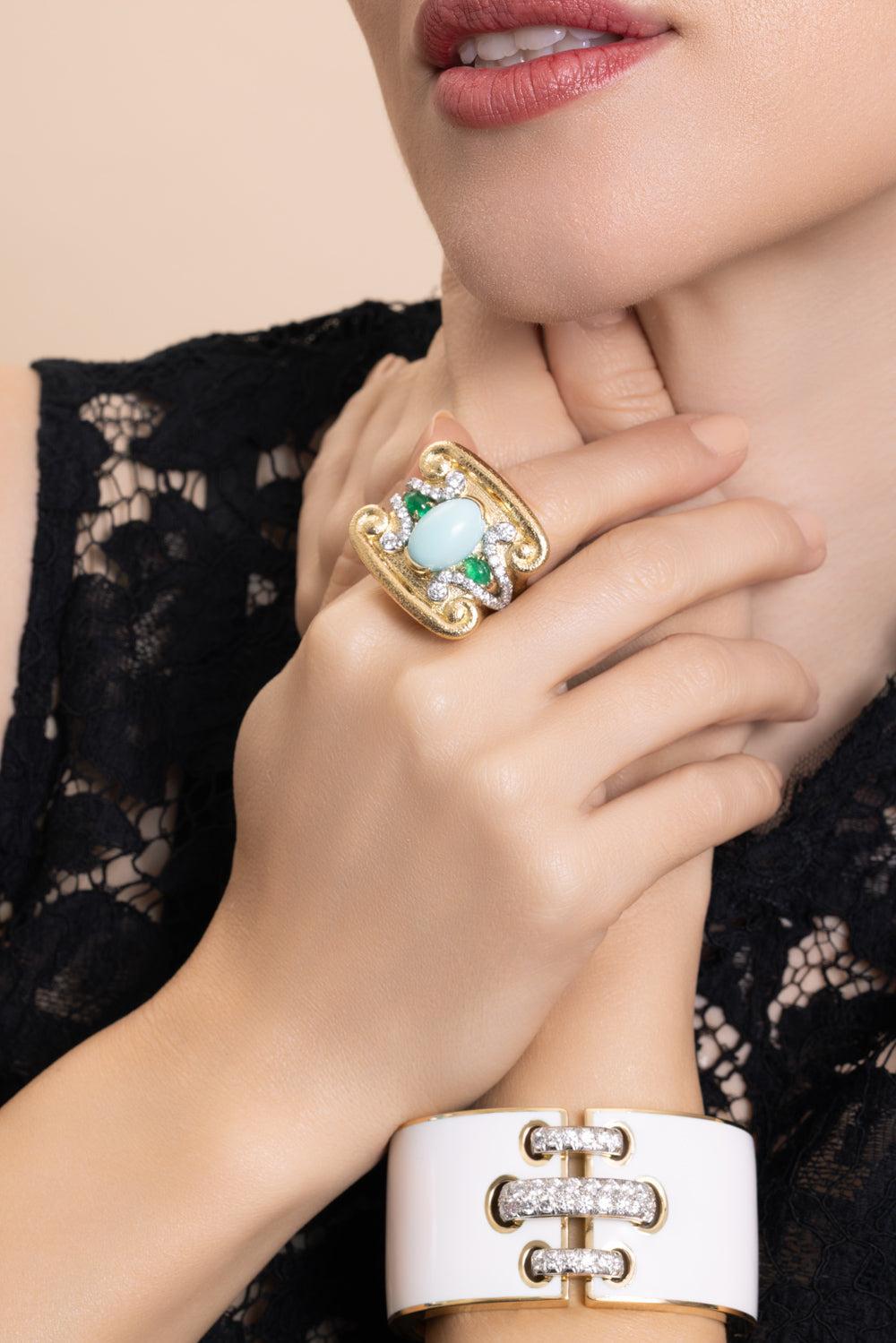 Turquoise Emerald Quad Scroll Ring-YELLOW GOLD-5-JEWELRYFINE JEWELRING-DAVID WEBB