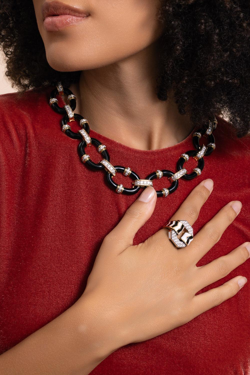 Diamond Black Oval Link Necklace-YELLOW GOLD-JEWELRYFINE JEWELNECKLACE O-DAVID WEBB