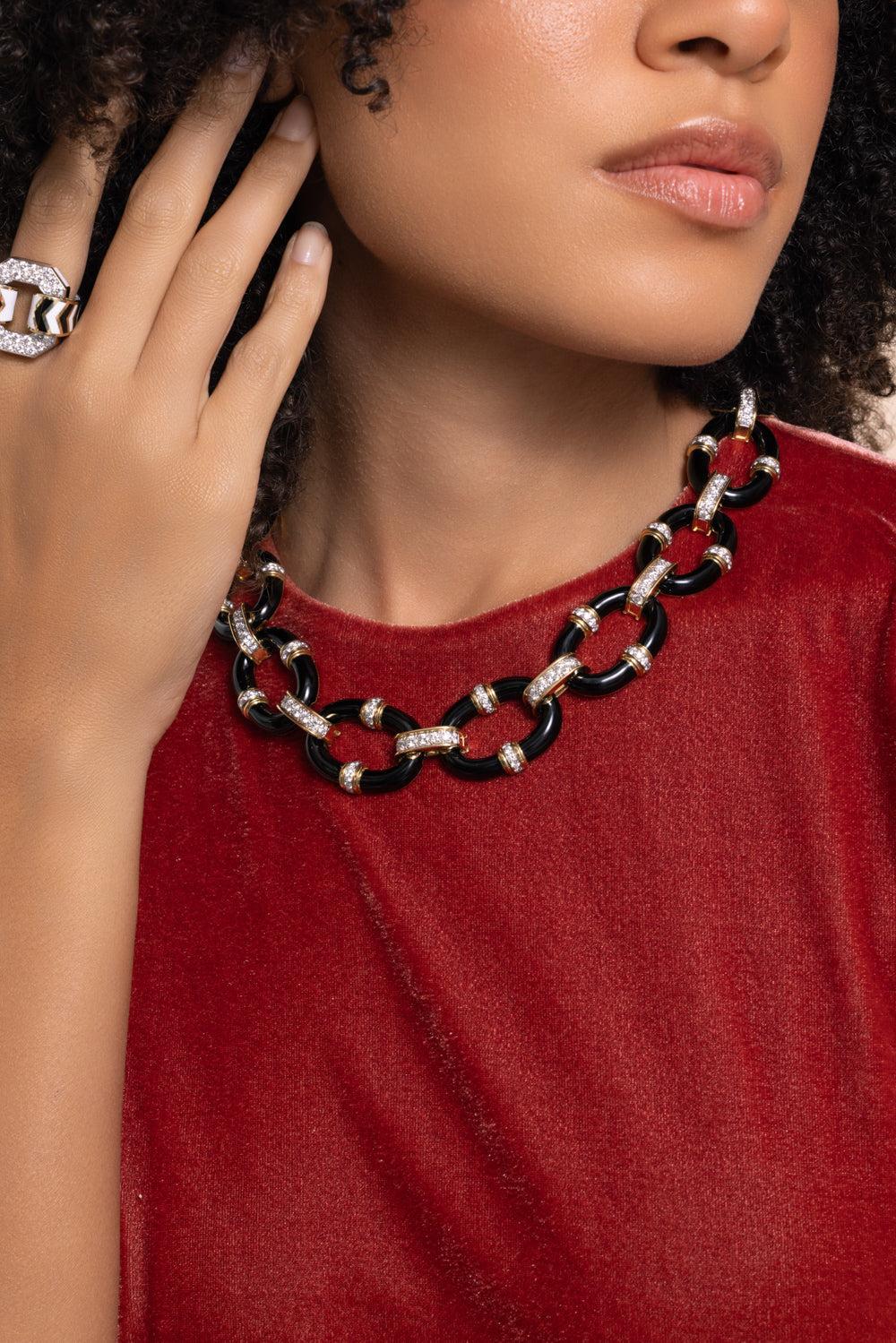 Diamond Black Oval Link Necklace-YELLOW GOLD-JEWELRYFINE JEWELNECKLACE O-DAVID WEBB